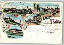 09249 O9115 Taura b. Burgstädt 1900 Lithographie Kunstmühle Post Gasthaus zur Schmiede Wettinturm Gasthaus Lehngericht