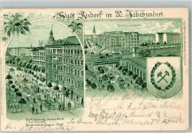 10115 W1000 Rixdorf 1900 Gebrauchsspuren Lithographie Stadt Rixdorf i. 20. Jahrhundert Bergstraße Kriegerdenkmal Bahnhof Stadtwappen