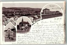 97922 W6970 Lauda 1898 Gebrauchsspuren Lithographie Bahnhof Marienkirche Hotel v. G. Müller
