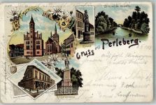 19348 O2910 Perleberg 1898 Lithographie Kirche Rolandstatue Kriegerdenkmal Geschäftshaus Wesener Die Stepenitz