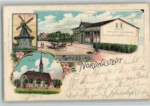 25785 W2249 Nordhastedt 1907 BOAKC Lithographie Windmühle Herrenbekleidungsgeschäft Heim Dorfkirche