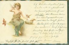 Mädchen Tauben Auflage mit echten kleinen Perlen Glitzer 1900 Lithographie