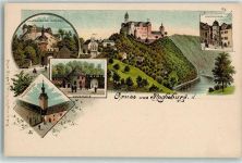 09328 O9291 Rochsburg Lithographie Eingang Schloss Pulverturm Thorhaus Treppenhaus Turm Fahne Gruss