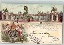 W1000 Berlin Mitte National Denkmal Wappen 100 jähr. Geburtstag Engel halten die Krone Adel Kaiser Wilhelm I 1898 Lithographie / Künstlerkarte