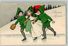 Bonne Annee Kinder in grün angezogen Schlittschuh Lithographie / Künstlerkarte