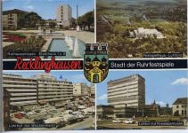 45657 W4350 Recklinghausen 1976 - Recklinghausen, Rathausanlagen, Luftbild des Festspielhauses, Lohrhof mit Wochenmarkt, Lohtor,D.P. Wilbert AKU1