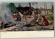 sign. Falat Polnische Männer grillen nach erfolgreicher Jagd am offenen Feuer Fleisch Jagdhund 1908 Künstlerkarte