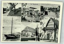 21635 W2155 Jork , Niederelbe Foto AK Im Alzenlande Elbdeich Brücke Lühe Frehbrücke Este Fischerboot Neuenfelder Kirche Bauernhaus