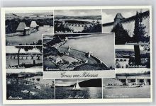 59519 W4773 Möhnesee - Fliegeraufnahme, Möhnetalsperre, Sperrmauer, Brücke bei Wamel, Delecke und Körbecke, Strandbad, Stockumer Damm, Schiff