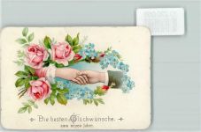 Hände - Poesie, Rosen und Vergissmeinnicht - Neujahr - keine AK Besondere Karte 1900 Lithographie / Prägedruck