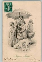 Verlag Munk Nr. 434 Ostern Joyeuses Paques Kind Hase Regenschirm Schaf AK Schubert, H. 1910