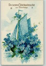 Geburtstag Segelboot Vergissmeinnicht AK Blütenbild Lithographie / Prägedruck