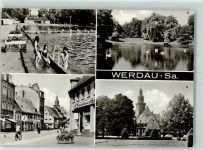 08412 O9620 Werdau , Sachs - Schwimmbad Schwanenteich Schwäne August-Bebel-Straße Haushaltsbasar