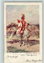 Polnischer Bauer auf einem Pferd - Druzba AK Trachten Osteuropa 1903 Künstlerkarte