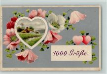 1000 Grüsse - Herz mit Bauernhaus, Blüten, AK Poesie Prägedruck