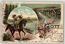 04910 O7904 Elsterwerda 1900 Lithographie Reiter mit Fanfare Kleiner Ort am Fluß im Mondschein Ort lt. Stempel