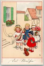 Kinder Gratulanten musizieren Ständchen mit Blumen an der Haustür , Dackel Meissner u. Buch Serie 2301 Döring, L. / LD Künstlerkarte