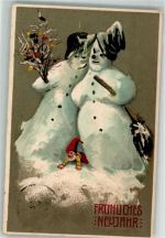 Neujahr Zwerg Schneemann 1907 Künstlerkarte