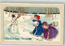 Neujahr Kinder Schneeball werfen Lithographie Schneemann 1900 Gebrauchsspuren