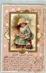 Passepartout Mädchen Jugendstil Buch lesen 1902 Prägedruck