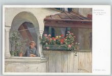 Nesthäkchen auf dem Balkon - Blumentöpfe Straka, J. 1906 Künstlerkarte