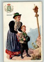 B.K.W. Serie 547-19 - Wappen Steiermark- Frau mit ihrem Bub am Flurkreuz, signiert Trachten Österreich 1906