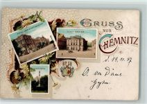 O9000 Chemnitz , Sachs Königl. Land- und Amtsgericht Stadt-Theater Siegessäule 3-Bildaufnahme Gericht 1897 Lithographie