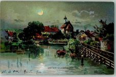 86938 W8913 Schondorf , Ammersee 1899 Lithographie / Mondschein sign. Heinisch AK