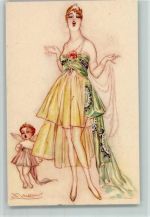 Serie 79-4 Glamour Frau mit einem Amor Engel - Mode Mauzan, A.