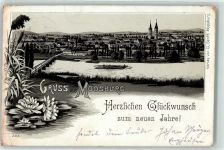 85368 W8052 Moosburg a d Isar 1899 Gebrauchsspuren Isar Floß Seerosen Neujahreskarte Lithographie