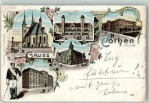 16259 O1311 Cöthen 1897 Lithographie St. Jakobs-Kirche Polytechnilum Corpsstudent Rathaus Schloß Cöthen