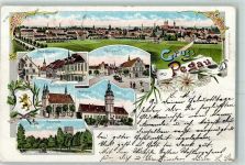 04523 O7220 Pegau 1897 Lithographie Königsplatz Breit-Straße Stadt-Kirche Rathaus Promenade