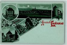37235 W3436 Hessisch Lichtenau Lithographie / Mondschein Neue Schule Turm am Obertor Rathaus mit Linde und Brunnen