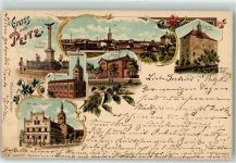 03185 O7520 Peitz 1897 Lithographie Kriegerdenkmal Bahnhof Rathaus Kirche Verlag Ottmar Zieher-München