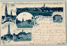 09217 O9112 Burgstädt 1899 Lithographie Kirche Markt Wettin Turm Rathaus Schule