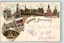19348 O2910 Perleberg 1897 Lithographie Bäckerstraße m Hotel Deutscher Kaiser Marktplatz Kriegerdenkmal