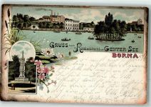 04552 O7200 Borna b Leipzig Lithographie Gasthaus zum Genfer See Krieger-Denkmal