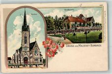 66111 W6600 Burbach 1911 Lithographie Ev. Kirche Stadtpark