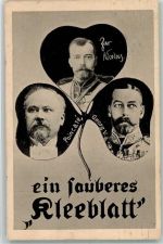 Ein sauberes Kleeblatt Poincarre Zar Nikolaus und King George V Verlag Zieher, Ottmar No. 2 Feldpost WK I Maschinenstempel Antipropaganda WK I 1914