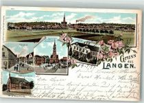 63225 W6070 Langen in Hessen 1897 Lithographie Ludwigsplatz Stadtkirche Fahrgasse Gasthaus Adler Kath. Kirche