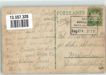90513 W8502 Zirndorf , Mittelfr 1911 - Bahnpost Hof Nürnberg Zug 214 27.7.11 Vogelschau Oldtimer