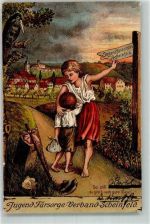 91443 W8533 Scheinfeld 1910 Lithographie Jugend-Fürsorge-Verband-Scheinfeld Wegweiser Rabe Geschwisterpaar