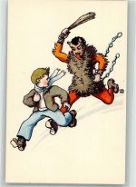 Teufel mit Rute Kind läuft weg Serie 111/II Krampus Künstlerkarte
