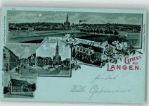 63225 W6070 Langen in Hessen 1898 Lithographie / Mondschein Ludwigsplatz Stadtkirche Fahrgasse Gasthaus Adler Kath. Kirche