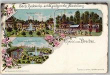 O8000 Dresden Sächs. Handwerks- u. Kunstgewerbe-Ausstellung Hofbrauhaus Cafe Springbrunnen Kunstausstellung Lithographie