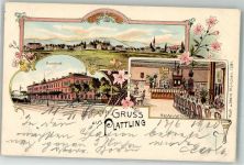 94447 W8350 Plattling 1900 Lithographie Bahnhof Gasthaus Speiseraum Festtafel