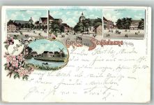 23923 O2440 Schönberg , Meckl 1898 Lithographie Marktplatz Mühle Amtsplatz Wappen Bahnpost -Rostock