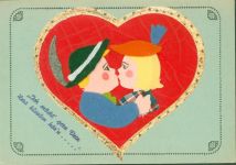 echter Stoff Filz Papier Herz Kuss Liebe Collage AK mit Stoff
