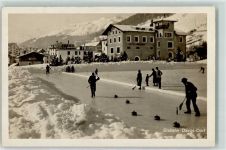 Davos Dorf Hotel mit Eisbahn Curling 1930 Foto AK