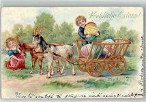 Karren mit gr. Ostereier Kinder Ostern Ziege Lithographie / Künstlerkarte